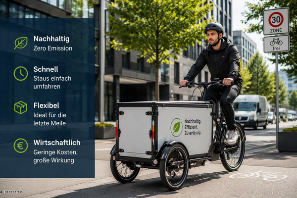 Elektrisch unterstütztes Lastenrad mit Transportbox im Stadtgebiet. Das Bild zeigt die Vorteile von Cargo Bikes für die urbane Logistik, darunter Nachhaltigkeit, Flexibilität und Wirtschaftlichkeit.