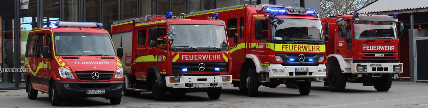 Mehrere moderne Feuerwehrfahrzeuge stehen vor einem Feuerwehrgerätehaus. Das Bild zeigt Einsatzfahrzeuge für Brand- und Katastrophenschutz, die von Kommunen und Feuerwehren langfristig geplant und finanziert werden können.