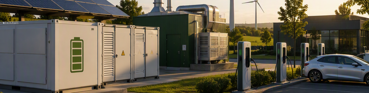 Batteriespeicher, Blockheizkraftwerk, E-Ladesäulen und erneuerbare Energien als leasingfähige Komponenten eines modernen Energiemanagementsystems.