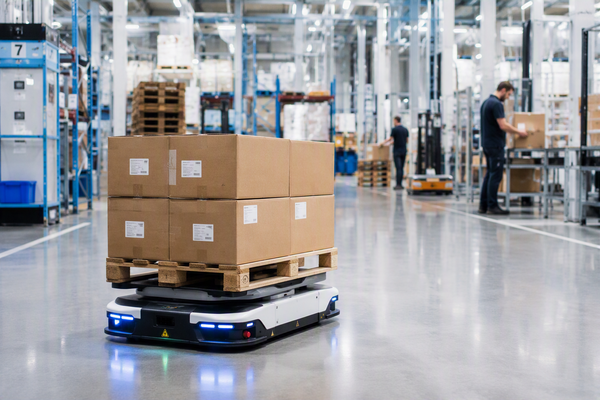 Autonomer Transportroboter (AMR) transportiert eine Palette durch ein modernes Logistikzentrum. Im Hintergrund arbeiten Mitarbeitende zwischen Regalen und Lagerbereichen. Die Szene zeigt den praktischen Einsatz von Automatisierung in der Intralogistik.