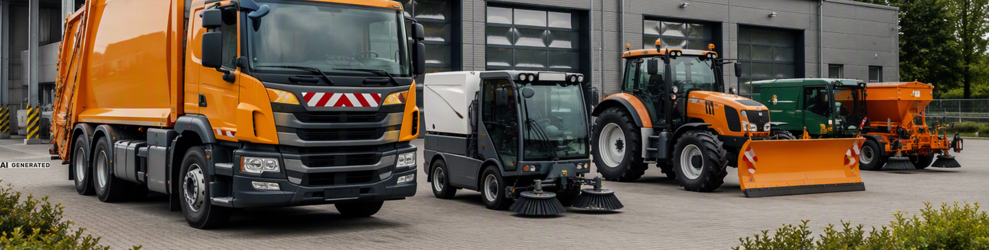 Kommunalfahrzeuge, Kehrmaschine und Winterdiensttechnik auf dem Gelände eines kommunalen Betriebshofs