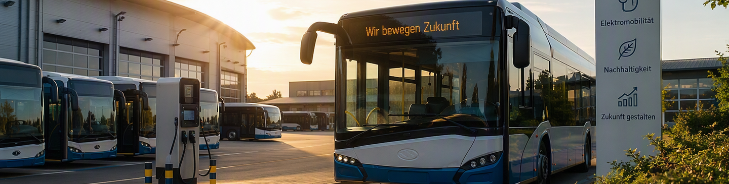 Elektrobusse an einer Ladestation auf einem Betriebshof eines Verkehrsbetriebs