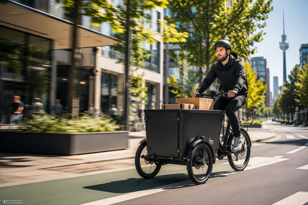 Lastenrad mit Transportbox fährt durch eine moderne Innenstadt. Das Cargo Bike transportiert Pakete und zeigt eine nachhaltige Lösung für die letzte Meile im Stadtverkehr.