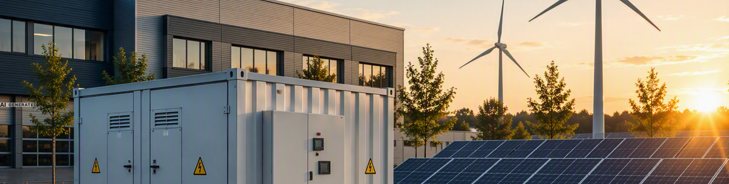 Kommunale Energieinfrastruktur mit Batteriespeicher, Photovoltaikanlage und Windkraftanlagen zur nachhaltigen Energieversorgung