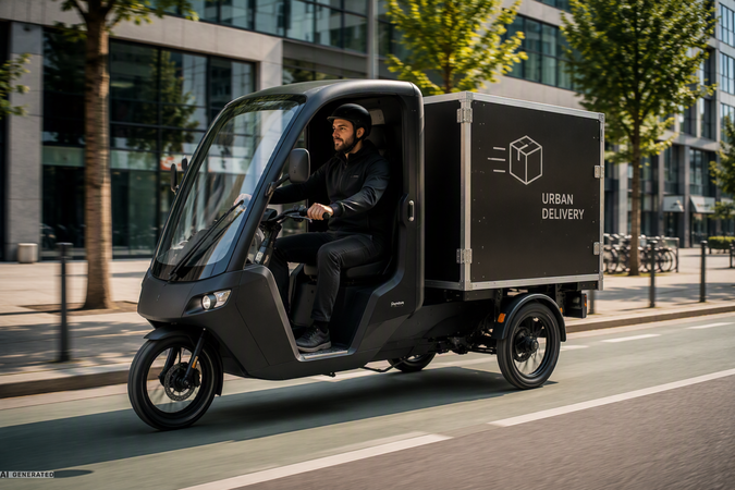 Kompaktes Transportfahrzeug mit geschlossener Fahrerkabine und großer Transportbox im Heckbereich. Das Cargo Bike eignet sich für Lieferdienste und innerstädtische Transporte auf der letzten Meile.