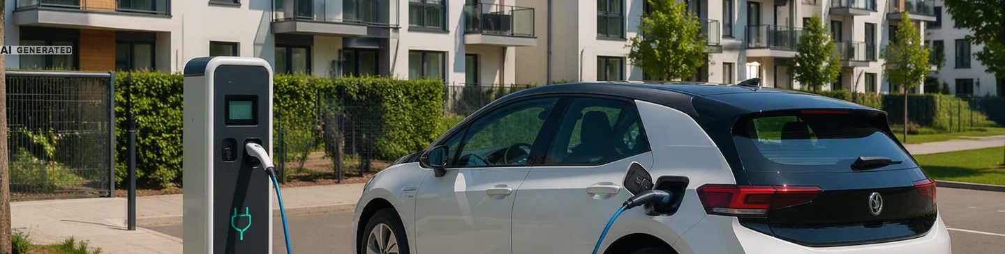 Elektroauto an einer Ladestation vor modernen Wohngebäuden mit Solaranlagen auf den Dächern
