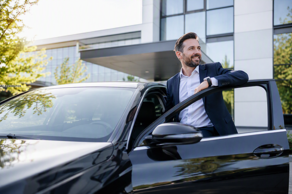 Person an einem modernen Firmenwagen vor einem Bürogebäude. Das Bild steht für den Firmenwagen über Gehaltsumwandlung als Mobilitätsangebot für Mitarbeitende.