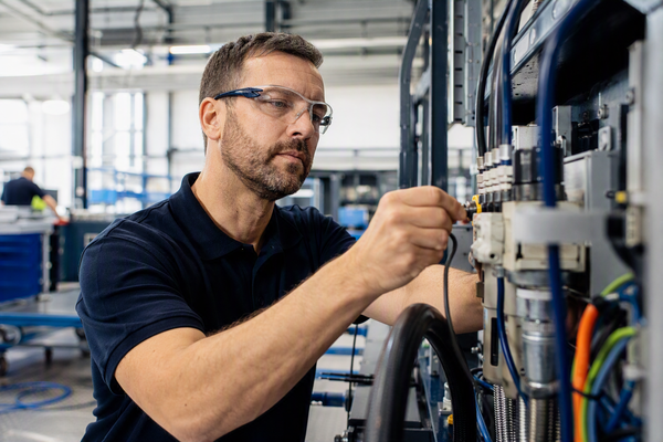 Fachkraft führt Wartungsarbeiten an einer industriellen Anlage durch, während der Produktionsbetrieb im Hintergrund weiterläuft. Das Bild steht für Service, Verfügbarkeit und technische Betreuung von Unternehmen.