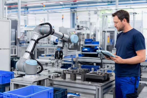Robotik im Mittelstand: Mensch und Cobot arbeiten Hand in Hand Mitarbeitende überwachen mit einem Tablet einen kollaborativen Roboterarm (Cobot) an einer Montagestation in einer modernen Produktionshalle. Die Szene zeigt die praxisnahe Zusammenarbeit von Mensch und Automatisierung in einem mittelständischen Industriebetrieb.