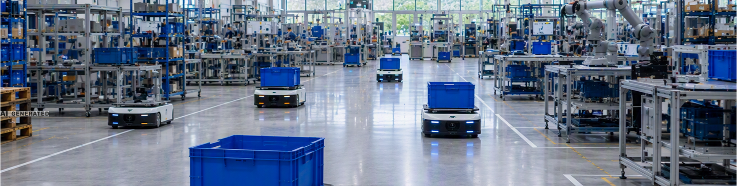 Autonome mobile Roboter (AMR) transportieren Material und Behälter in einer modernen Produktionshalle. Die automatisierten Fahrzeuge unterstützen effiziente Logistikprozesse und die Vernetzung von Lager und Fertigung.
