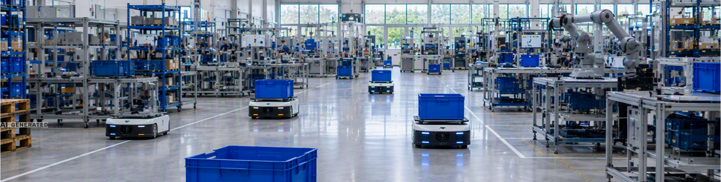 Autonomer mobiler Roboter (AMR) im Lager eines mittelständischen Unternehmens transportiert Waren durch ein modernes Logistikzentrum und unterstützt effiziente Logistikprozesse.