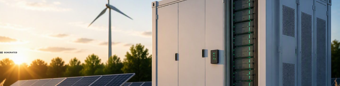 Containerbasierter Batteriespeicher neben Photovoltaikanlage und Windkraftanlage zur Speicherung erneuerbarer Energien