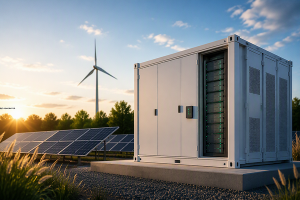 Containerbasierter Batteriespeicher neben Photovoltaikanlage und Windkraftanlage zur Speicherung erneuerbarer Energien