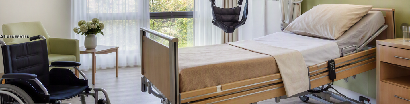 Modernes Zimmer in einem Alten- und Pflegeheim mit Pflegebett, Patientenlifter und Rollstuhl