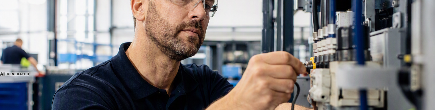 Fachkraft führt Wartungsarbeiten an einer industriellen Anlage durch, während der Produktionsbetrieb im Hintergrund weiterläuft. Das Bild steht für Service, Verfügbarkeit und technische Betreuung von Unternehmen.