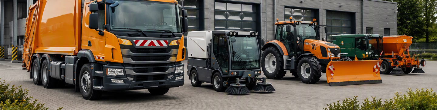 Kommunalfahrzeuge, Kehrmaschine und Winterdiensttechnik auf dem Gelände eines kommunalen Betriebshofs