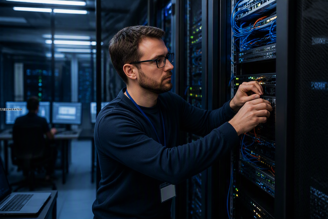 IT-Fachkraft führt Wartungsarbeiten an einer Serverinfrastruktur in einem modernen Rechenzentrum durch. Das Bild symbolisiert professionelle IT-Betreuung, Systemverfügbarkeit, technische Unterstützung und den störungsfreien Betrieb digitaler Unternehmensprozesse.