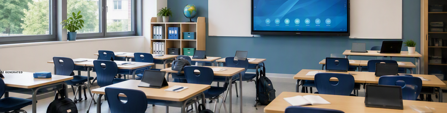Moderner Klassenraum mit interaktivem Display, Tablets, Servertechnik und digitaler Unterrichtsausstattung