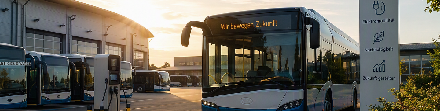 Elektrobusse an einer Ladestation auf einem Betriebshof eines Verkehrsbetriebs