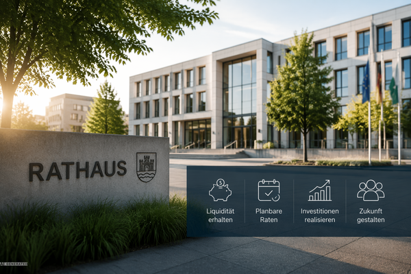Modernes Rathaus mit grafischen Symbolen zu Liquidität, planbaren Raten, Investitionen und Zukunftsgestaltung als Darstellung von Kommunalleasing für öffentliche Einrichtungen.