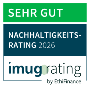 Grafik zum Nachhaltigkeitsrating 2026 von imug rating by EthiFinance mit der Bewertung „sehr gut“
