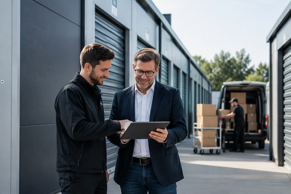 Self Storage Anlage mit Lagerboxen und Beratungsgespräch zur Finanzierung von Self Storage Projekten.