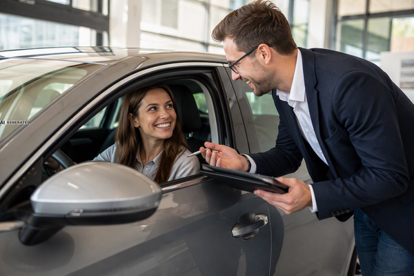 Eine Person sitzt am Steuer eines modernen Firmenwagens und erhält den Fahrzeugschlüssel von einer weiteren Person. Das Bild veranschaulicht die Übergabe eines Firmenwagens über Gehaltsumwandlung.