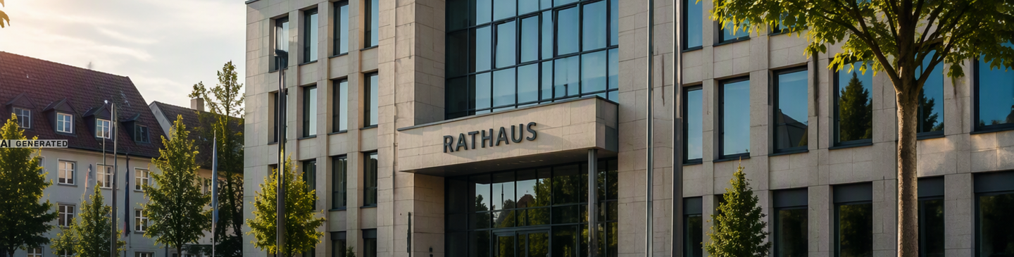 Modernes Rathaus mit großem Vorplatz, Bäumen und Grünflächen als Symbol für kommunale Investitionen und eine zukunftsfähige öffentliche Infrastruktur.