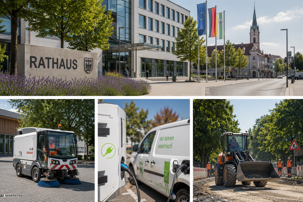 Modernes Rathaus mit Fahnen und grafischen Hinweisen zu nachhaltiger Energie, moderner Infrastruktur, leistungsfähiger Ausstattung und verlässlicher Finanzierung im kommunalen Umfeld.